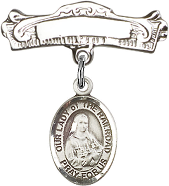 Personalized Baby Badge - Engraved Badge Pin with Our Lady of the Railroad Charm