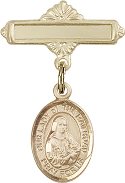 Personalized Baby Badge - Engraved Badge Pin with Our Lady of the Railroad Charm