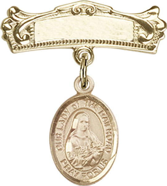 Personalized Baby Badge - Engraved Badge Pin with Our Lady of the Railroad Charm