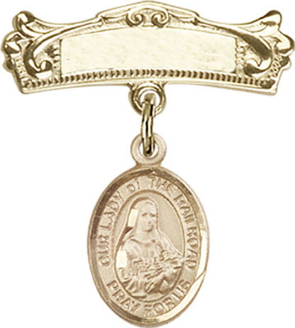 Personalized Baby Badge - Engraved Badge Pin with Our Lady of the Railroad Charm