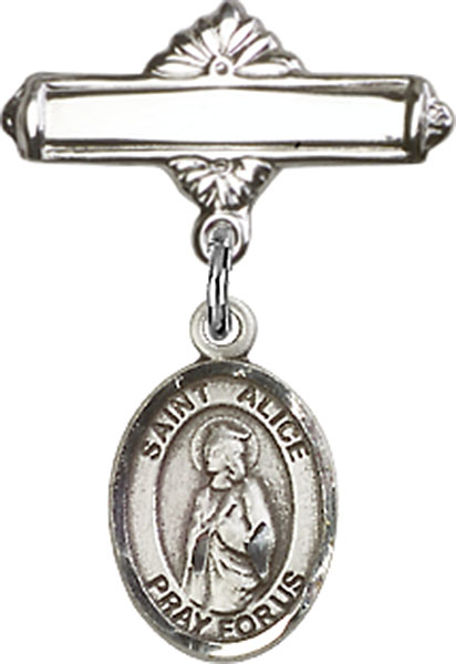 Personalized Baby Badge - Engraved Badge Pin with St. Alice Charm
