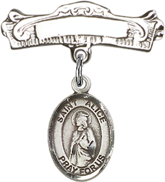 Personalized Baby Badge - Engraved Badge Pin with St. Alice Charm