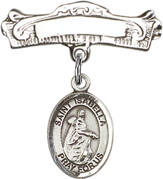 Personalized Baby Badge - Engraved Badge Pin with St. Isabella of Portugal Charm