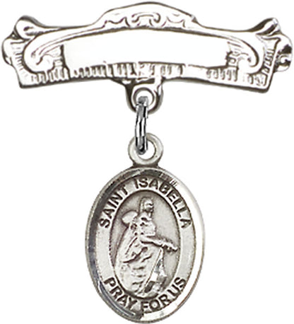Personalized Baby Badge - Engraved Badge Pin with St. Isabella of Portugal Charm