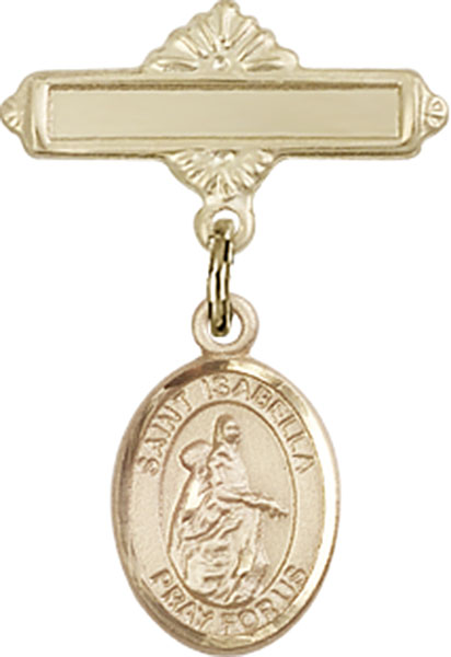 Personalized Baby Badge - Engraved Badge Pin with St. Isabella of Portugal Charm