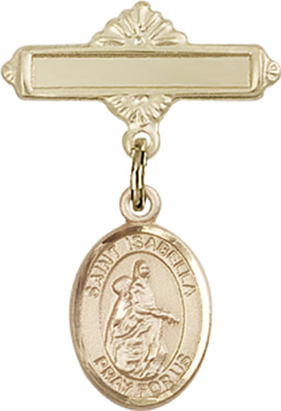 Personalized Baby Badge - Engraved Badge Pin with St. Isabella of Portugal Charm