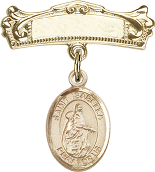 Personalized Baby Badge - Engraved Badge Pin with St. Isabella of Portugal Charm