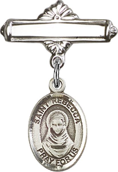Personalized Baby Badge - Engraved Badge Pin with St. Rebecca Charm