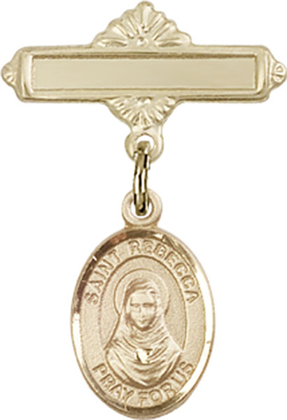 Personalized Baby Badge - Engraved Badge Pin with St. Rebecca Charm