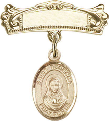 Personalized Baby Badge - Engraved Badge Pin with St. Rebecca Charm