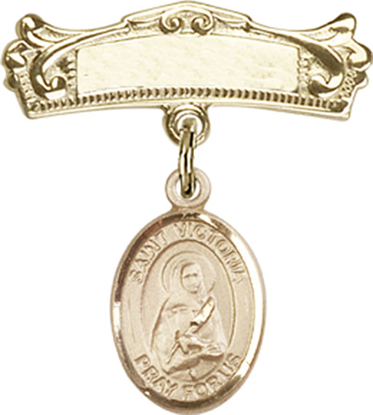 Personalized Baby Badge - Engraved Badge Pin with St. Victoria Charm