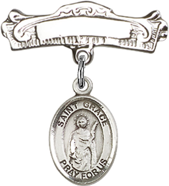 Personalized Baby Badge - Engraved Badge Pin with St. Grace Charm