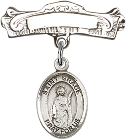Personalized Baby Badge - Engraved Badge Pin with St. Grace Charm