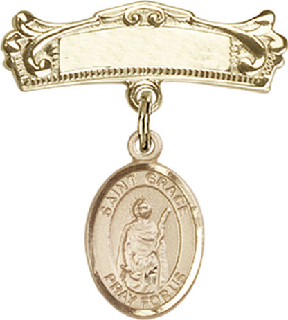 Personalized Baby Badge - Engraved Badge Pin with St. Grace Charm