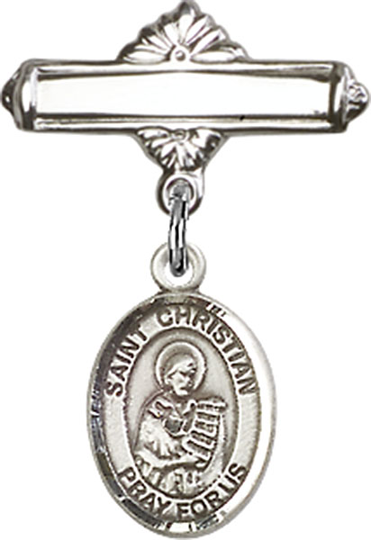 Personalized Baby Badge - Engraved Badge Pin with St. Christian Demosthenes Charm