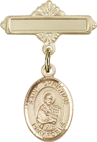 Personalized Baby Badge - Engraved Badge Pin with St. Christian Demosthenes Charm