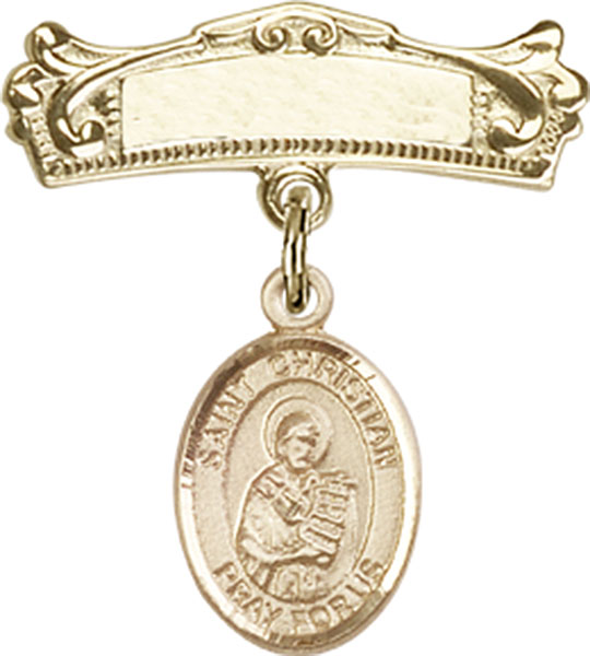 Personalized Baby Badge - Engraved Badge Pin with St. Christian Demosthenes Charm