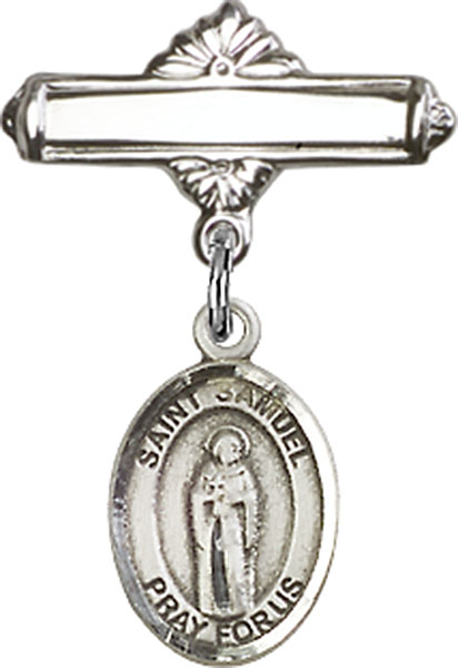 Personalized Baby Badge - Engraved Badge Pin with St. Samuel Charm