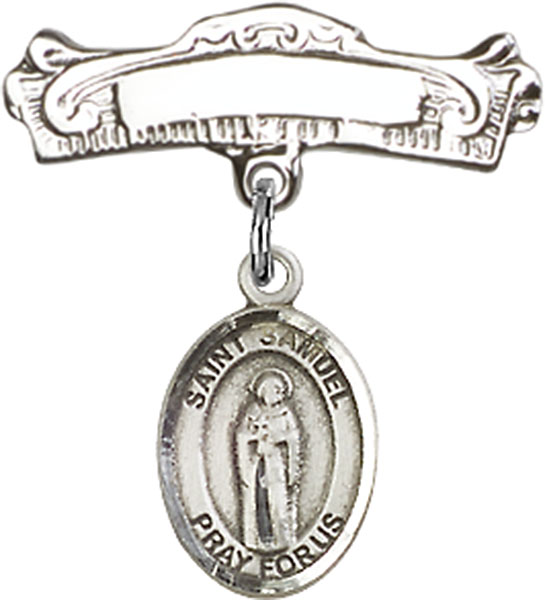 Personalized Baby Badge - Engraved Badge Pin with St. Samuel Charm