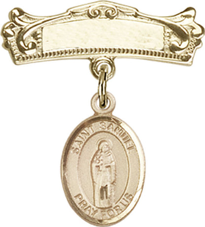 Personalized Baby Badge - Engraved Badge Pin with St. Samuel Charm