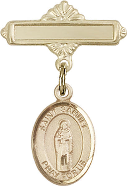 Personalized Baby Badge - Engraved Badge Pin with St. Samuel Charm