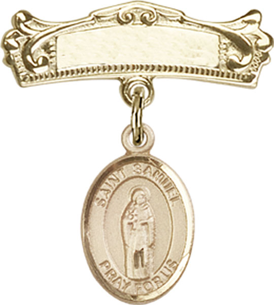 Personalized Baby Badge - Engraved Badge Pin with St. Samuel Charm