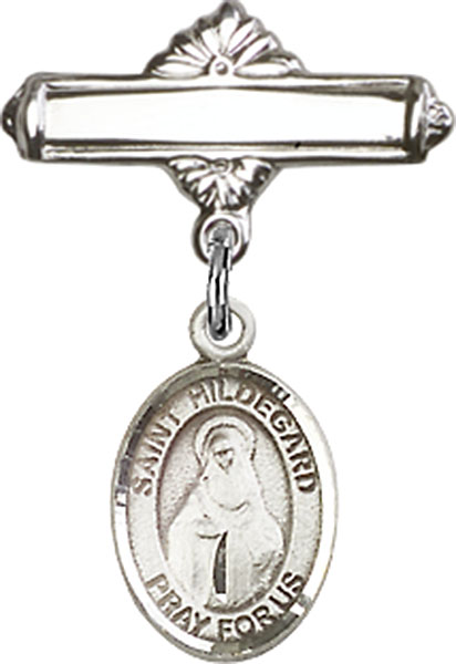 Personalized Baby Badge - Engraved Badge Pin with St. Hildegard von Bingen Charm