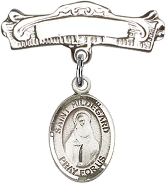 Personalized Baby Badge - Engraved Badge Pin with St. Hildegard von Bingen Charm