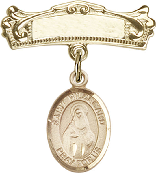 Personalized Baby Badge - Engraved Badge Pin with St. Hildegard von Bingen Charm