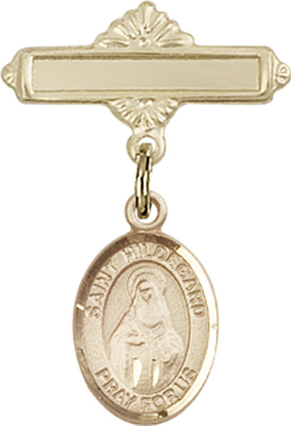 Personalized Baby Badge - Engraved Badge Pin with St. Hildegard von Bingen Charm