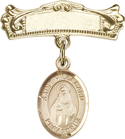 Personalized Baby Badge - Engraved Badge Pin with St. Hildegard von Bingen Charm
