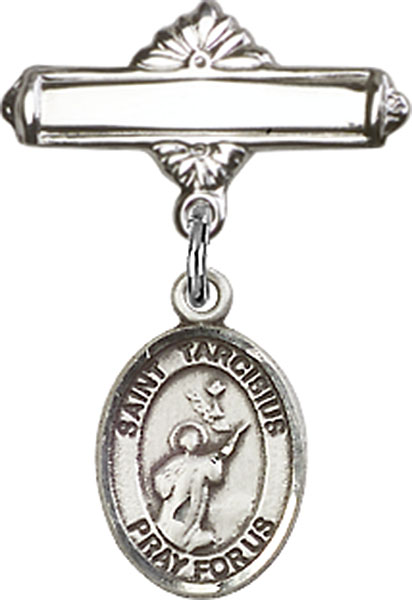 Personalized Baby Badge - Engraved Badge Pin with St. Tarcisius Charm