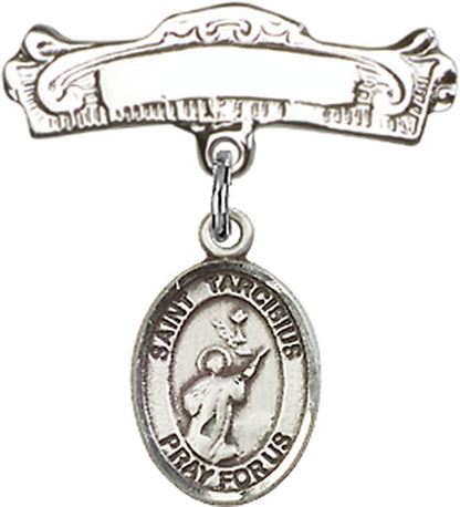 Personalized Baby Badge - Engraved Badge Pin with St. Tarcisius Charm