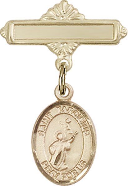 Personalized Baby Badge - Engraved Badge Pin with St. Tarcisius Charm