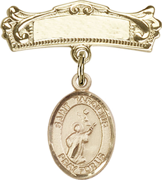 Personalized Baby Badge - Engraved Badge Pin with St. Tarcisius Charm