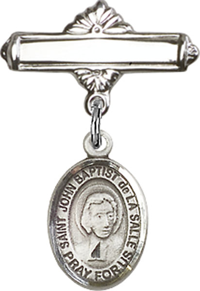 Personalized Baby Badge - Engraved Badge Pin with St. John Baptist de la Salle Charm