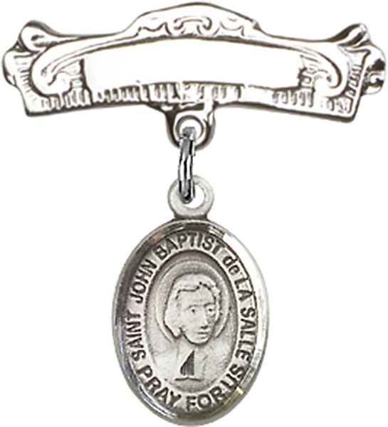Personalized Baby Badge - Engraved Badge Pin with St. John Baptist de la Salle Charm