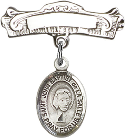 Personalized Baby Badge - Engraved Badge Pin with St. John Baptist de la Salle Charm