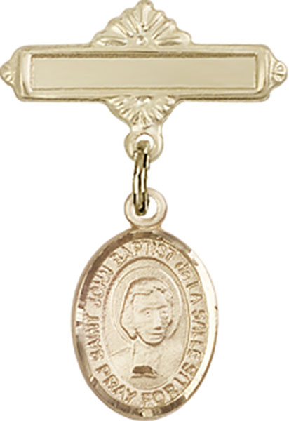 Personalized Baby Badge - Engraved Badge Pin with St. John Baptist de la Salle Charm