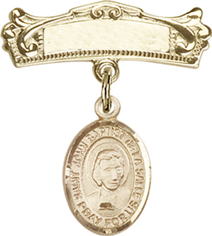 Personalized Baby Badge - Engraved Badge Pin with St. John Baptist de la Salle Charm