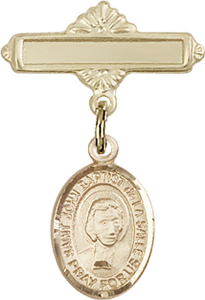 Personalized Baby Badge - Engraved Badge Pin with St. John Baptist de la Salle Charm