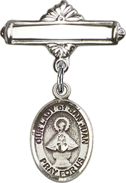 Personalized Baby Badge - Engraved Badge Pin with Our Lady of San Juan Charm