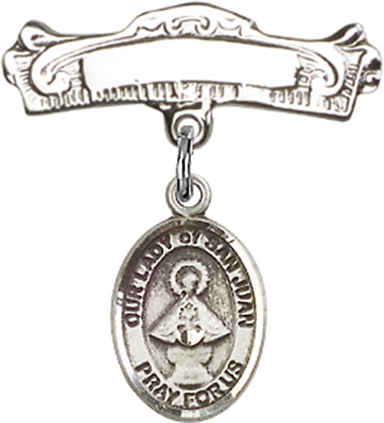 Personalized Baby Badge - Engraved Badge Pin with Our Lady of San Juan Charm
