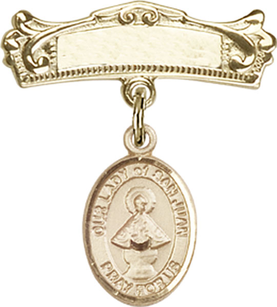 Personalized Baby Badge - Engraved Badge Pin with Our Lady of San Juan Charm