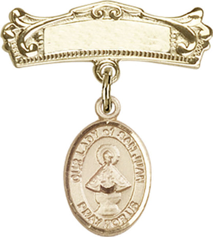 Personalized Baby Badge - Engraved Badge Pin with Our Lady of San Juan Charm