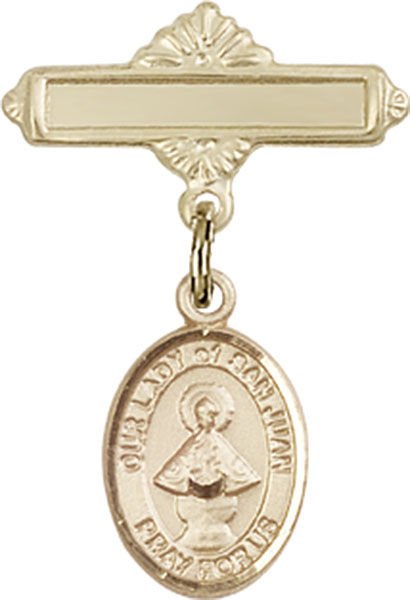 Personalized Baby Badge - Engraved Badge Pin with Our Lady of San Juan Charm