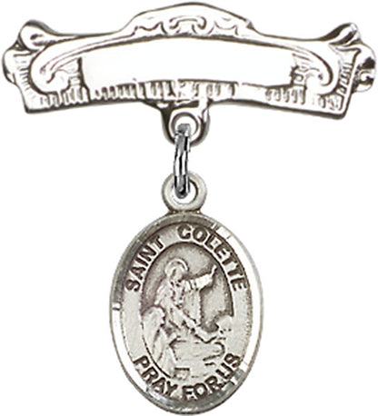 Personalized Baby Badge - Engraved Badge Pin with St. Colette Charm