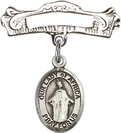 Personalized Baby Badge - Engraved Badge Pin with Our Lady of Africa Charm