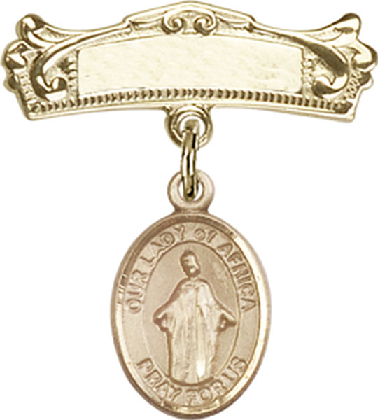 Personalized Baby Badge - Engraved Badge Pin with Our Lady of Africa Charm