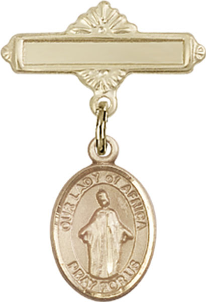 Personalized Baby Badge - Engraved Badge Pin with Our Lady of Africa Charm